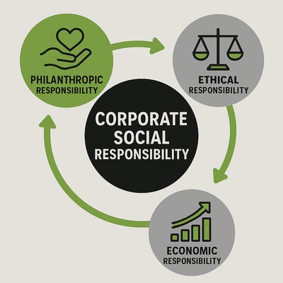 generate an image for corporate social responsibility based on philanthropic responsibility esthicalresponsibility and econmomic responsibility Inlcud-3