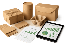 photographic Our rolePromptPhotorealistic image of ecofriendly packaging samples recycled cardboard pieces paper pulp materials and printed performan