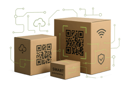 photographic Create a clean modern photorealistic image of smart packaging examples such as boxes with QR codes digital icons and smart labelling elem