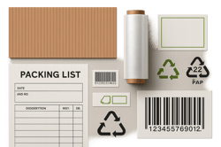 photographic Photorealistic closeup of packaging materials laid out neatly corrugated board plastic film paper labels alongside organised compliancest