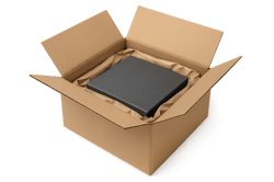 photographic Photorealistic comparison image showing a product perfectly fitted inside a rightsized carton with minimal protective paper cushioning Pa