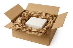 photographic Photorealistic cutawaystyle image of a large cardboard box filled with excess void fill material around a product showing unnecessary pad-1