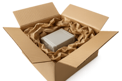 photographic Photorealistic cutawaystyle image of a large cardboard box filled with excess void fill material around a product showing unnecessary pad