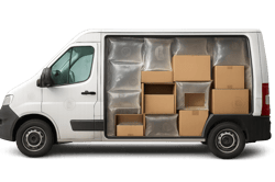 photographic Photorealistic illustration of a delivery van filled mostly with air inside packages boxes stacked inefficiently some halfempty Include f