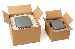 photographic Photorealistic image comparing two packaging solutions side by side one thick oversized cardboard box with loose void fill and one rights-1