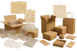 photographic Photorealistic image of a cluttered packaging workspace showing mismatched boxes old templates and scattered materials One side shows gen