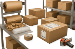 photographic Photorealistic image of a modern warehouse packing station with sealed cardboard boxes void fill materials and shipping labels neatly arr