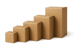 photographic Photorealistic image of a neatly organised set of multiple carton sizes arranged in sequence from small to large representing scalable pa-1