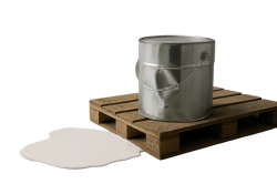 photographic Photorealistic image of a slightly dented paint tin on a pallet with a small paint spill spreading across a warehouse floor Clean bright-3