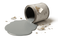 photographic Photorealistic image of a tippedover paint tin spilling paint across a clean surface with small pieces of damaged packaging and paper fib-1