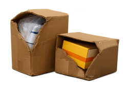 photographic Photorealistic image of damaged packages with broken corners shifted products inside boxes Include subtle background warehouse elements T-1