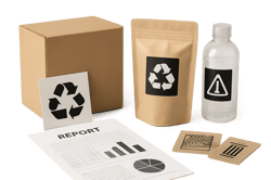 photographic Photorealistic image of packaging compliance material labels and reporting paperwork arranged alongside packaging samples No text present-3