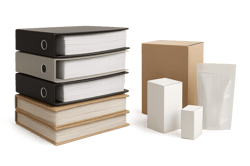 photographic Photorealistic image of two stacks of binders and files no view of whats printed on the paper arranged alongside packaging samples No peo