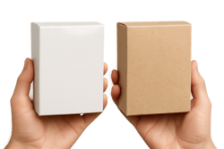 photographic Photorealistic image on a transparent background of hands holding two packaging boxes side by side one glossy heavylooking traditional bo