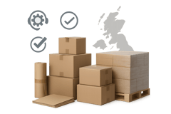 photographic Photorealistic image on a transparent background showing a UK warehouse concept stacked cartons paperbased materials and palletised goods-2