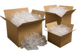 photographic Photorealistic image showing oversized cardboard boxes with excessive plastic void fill inside No people Emphasis on wasted space and mat-1