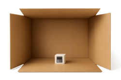 photographic Photorealistic studio image of an oversized cardboard shipping box with a small product securely placed inside surrounded by visible empt