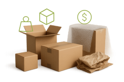 photographic Photorealistic studio image of assorted shipping cartons and protective packaging arranged on a clean surface with visible dimensional di