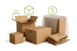 photographic Photorealistic studio image of assorted shipping cartons and protective packaging arranged on a clean surface with visible dimensional di