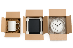 photographic Photorealistic studio image of three different rightsized cardboard boxes and suitable void fill placed side by side each perfectly fitti-1