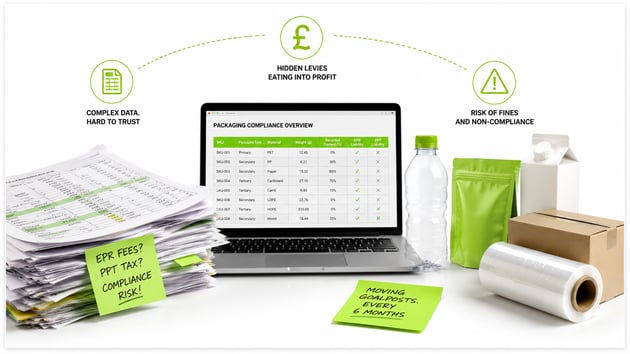 A clean, horizontal compliance-themed packaging illustration showing a laptop displaying packaging compliance data beside stacks of paperwork, FMCG packaging materials, and plastic wrap rolls on a white background. Green infographic icons highlight hidden levies, compliance risks, and complex packaging data related to EPR and Plastic Packaging Tax regulations.