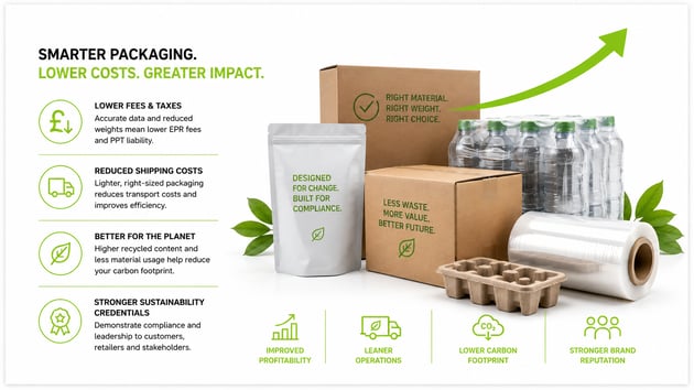 A horizontal sustainability-focused packaging infographic showing cardboard boxes, recyclable packaging materials, plastic bottles, stretch wrap, and eco-friendly inserts arranged on a clean white background. Green icons and messaging highlight reduced EPR and Plastic Packaging Tax costs, lower shipping expenses, improved sustainability credentials, and reduced carbon footprint through smarter packaging choices.