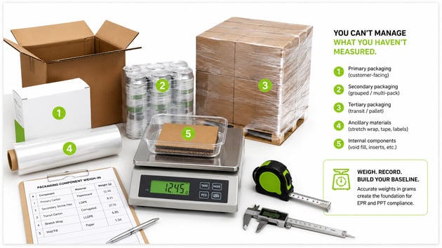 A horizontal packaging audit illustration showing cardboard boxes, shrink-wrapped multipacks, stretch film, and packaging inserts arranged around a digital weighing scale on a white background. Green infographic markers identify primary, secondary, tertiary, and ancillary packaging components, alongside measurement tools and compliance-focused data visuals related to EPR and Plastic Packaging Tax reporting.